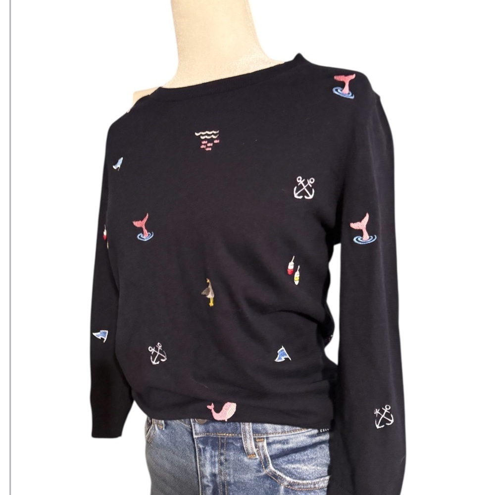 Talbots Black Long Sleeve Top with Nautical Embroidery